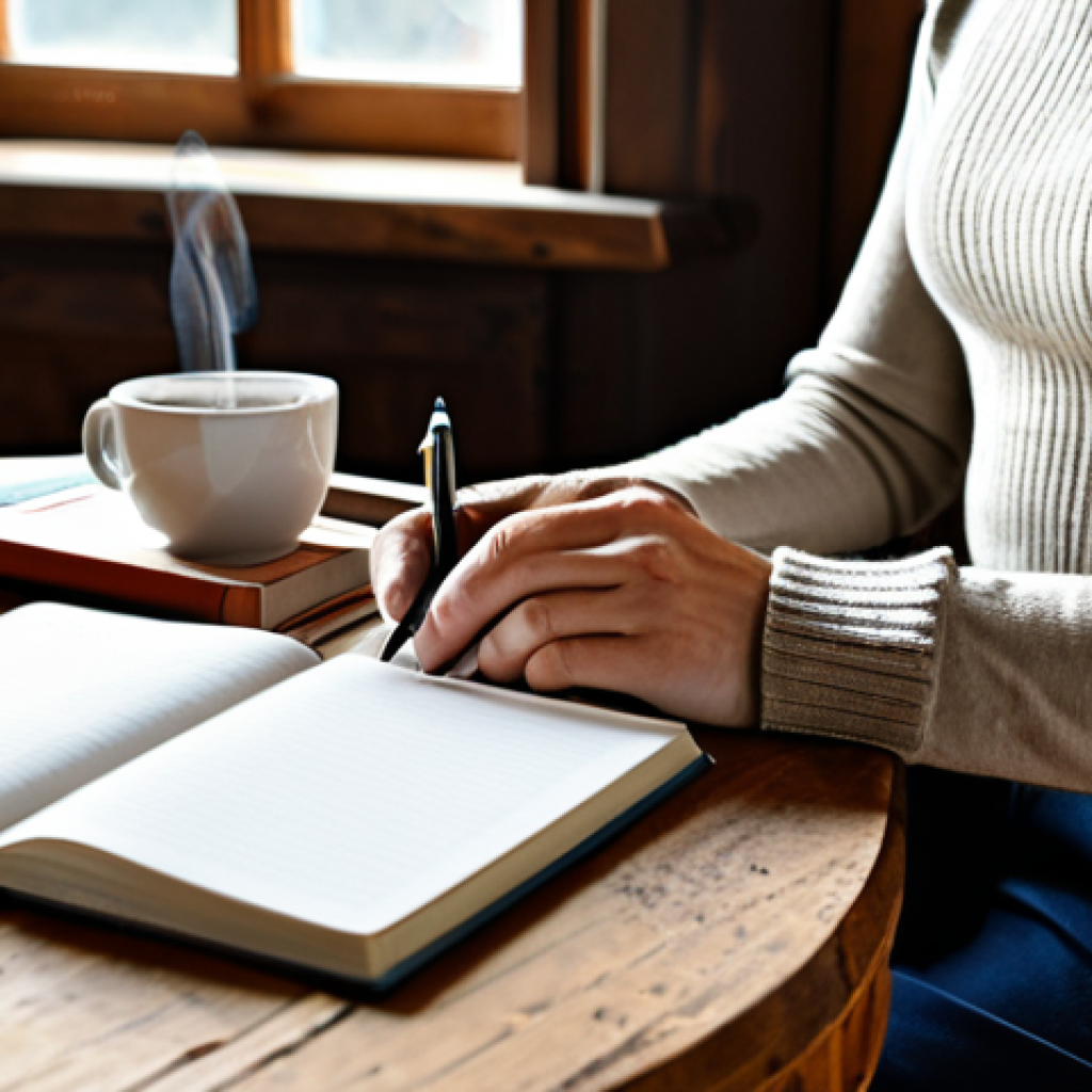 A focused writer in a modest turtleneck sweater and professional trousers, seated at a rustic wooden desk in a sunlit home office, holding a fountain pen over a notebook, surrounded by stacks of well-organized books and a warm mug, fully clothed, appropriate attire, safe for work, perfect anatomy, correct proportions, natural pose, well-formed hands, proper finger count, natural body proportions, professional photography, high quality, family-friendly.