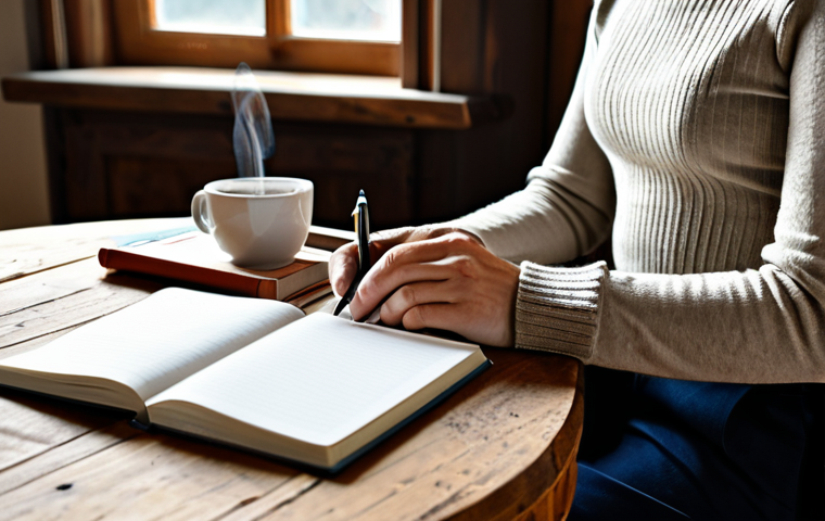 A focused writer in a modest turtleneck sweater and professional trousers, seated at a rustic wooden desk in a sunlit home office, holding a fountain pen over a notebook, surrounded by stacks of well-organized books and a warm mug, fully clothed, appropriate attire, safe for work, perfect anatomy, correct proportions, natural pose, well-formed hands, proper finger count, natural body proportions, professional photography, high quality, family-friendly.