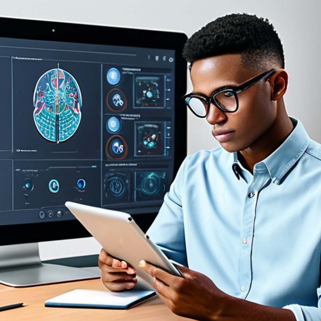 Personalized AI Tutoring**
A student wearing glasses, attentively using a tablet displaying an AI tutor interface with interactive exercises, fully clothed, learning environment, focused, professional study setting, safe for work, appropriate content, perfect anatomy, natural proportions, educational illustration, high quality.
**