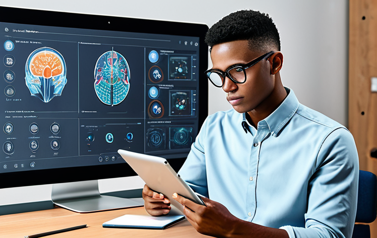Personalized AI Tutoring**
A student wearing glasses, attentively using a tablet displaying an AI tutor interface with interactive exercises, fully clothed, learning environment, focused, professional study setting, safe for work, appropriate content, perfect anatomy, natural proportions, educational illustration, high quality.
**
