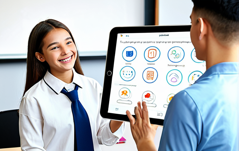 AI Language Tutor**
"A young student smiling and interacting with an AI tutor interface on a tablet, showing language learning exercises, fully clothed, appropriate attire, safe for work, perfect anatomy, correct proportions, natural pose, modern classroom setting, bright and cheerful, professional illustration, high quality, family-friendly."
**