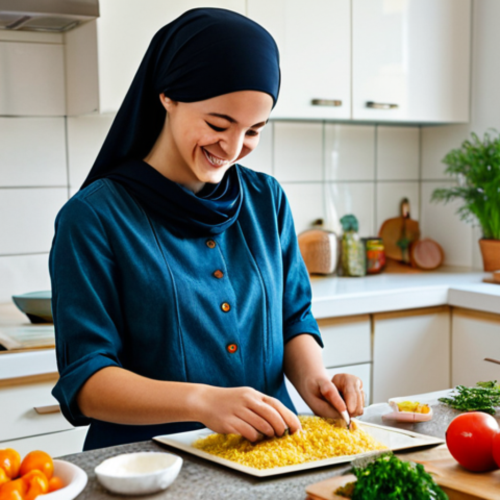 Foreign Culture Immersion**
A young woman fully clothed in modest, casual attire, cooking a foreign dish in a bright, modern kitchen. Ingredients and recipe book are visible. She's smiling and appears to be enjoying the process. Background shows cultural decorations related to the cuisine. safe for work, appropriate content, professional photography, perfect anatomy, proper finger count, well-formed hands, natural body proportions.
**
