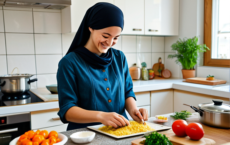 Foreign Culture Immersion**
A young woman fully clothed in modest, casual attire, cooking a foreign dish in a bright, modern kitchen. Ingredients and recipe book are visible. She's smiling and appears to be enjoying the process. Background shows cultural decorations related to the cuisine. safe for work, appropriate content, professional photography, perfect anatomy, proper finger count, well-formed hands, natural body proportions.
**