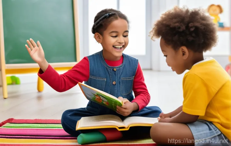 언어 교사의 역할 - **Prompt:** A warm and inviting classroom for young children (ages 3-5), filled with natural light. ...