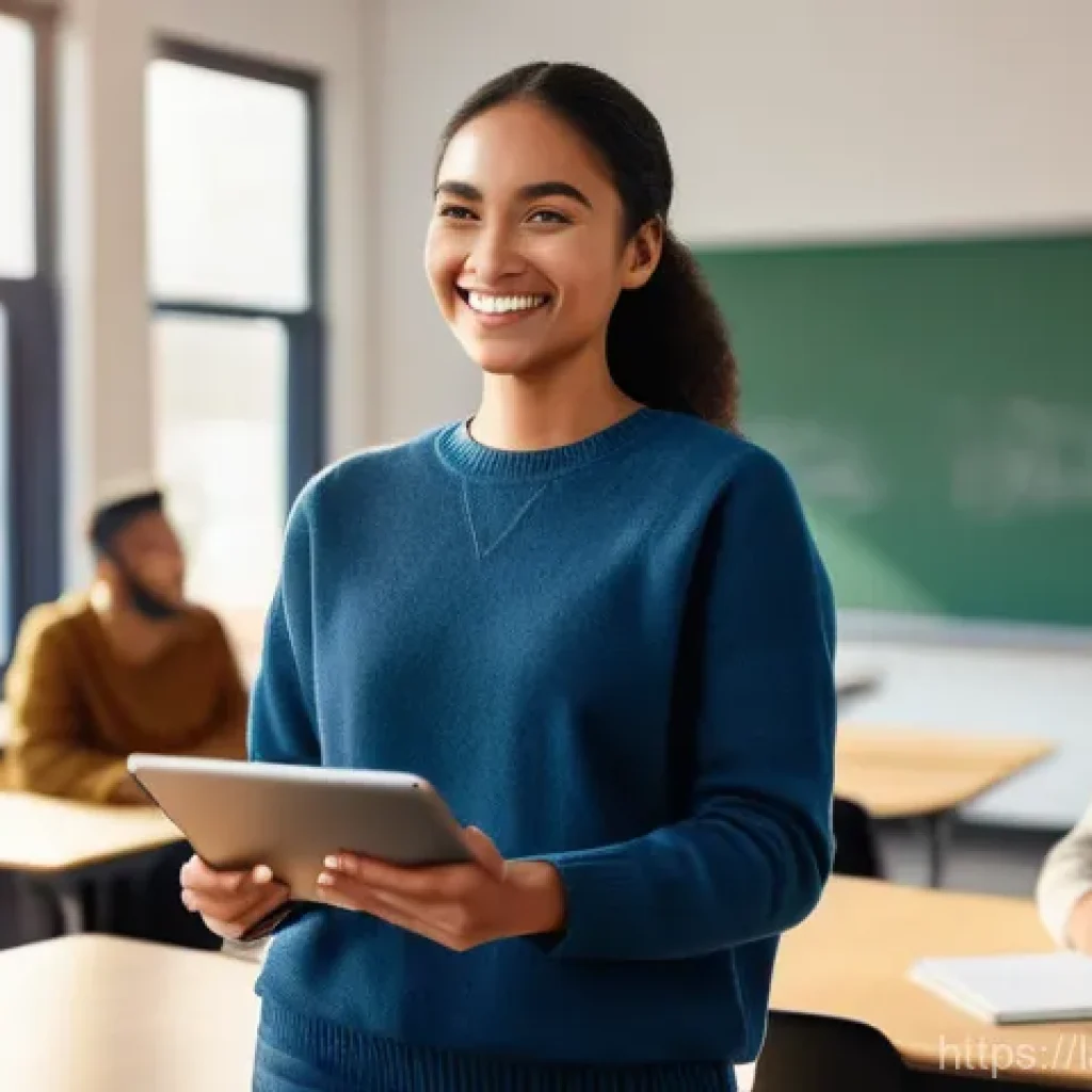 언어 교육에서의 학습 평가 - A vibrant, modern classroom where a diverse group of college students (wearing casual, contemporary ...