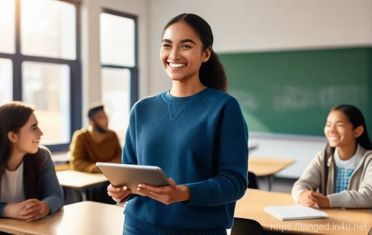 언어 교육에서의 학습 평가 - A vibrant, modern classroom where a diverse group of college students (wearing casual, contemporary ...
