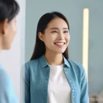 언어 교육에서의 말하기 향상법 - **Confident Speaker's Transformation:** A young East Asian woman, dressed in smart casual attire, st...