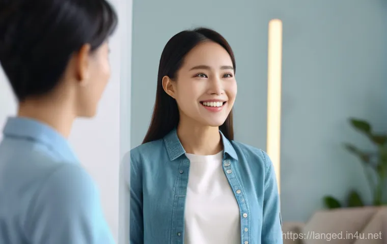 언어 교육에서의 말하기 향상법 - **Confident Speaker's Transformation:** A young East Asian woman, dressed in smart casual attire, st...