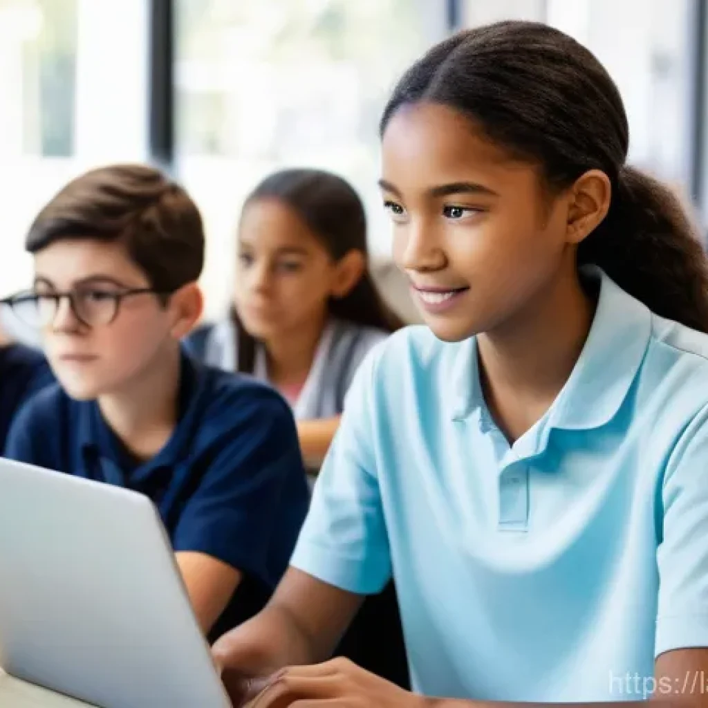 언어 교육에서의 수업 관리 - **A modern, bright classroom setting.** In the foreground, a diverse group of middle school students...