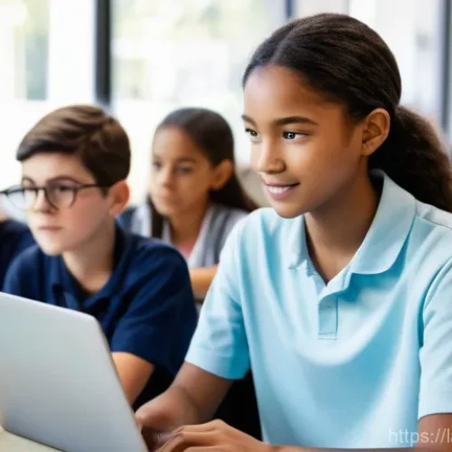 Home 29 언어 교육에서의 수업 관리 - **A modern, bright classroom setting.** In the foreground, a diverse group of middle school students...