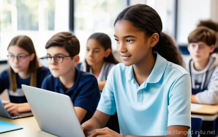 언어 교육에서의 수업 관리 - **A modern, bright classroom setting.** In the foreground, a diverse group of middle school students...