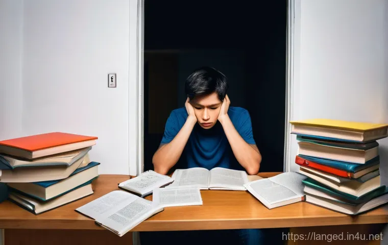 언어 교육에서의 진단적 평가 - **Frustration in a Dark Tunnel of Language Learning:** A young adult, looking visibly frustrated and...