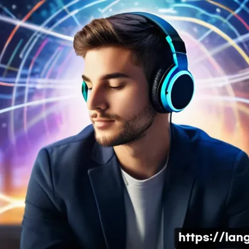 Home 26 언어 교육에서의 듣기 훈련법 - A vibrant, detailed image of a young adult, possibly a student or professional, wearing stylish, mod...
