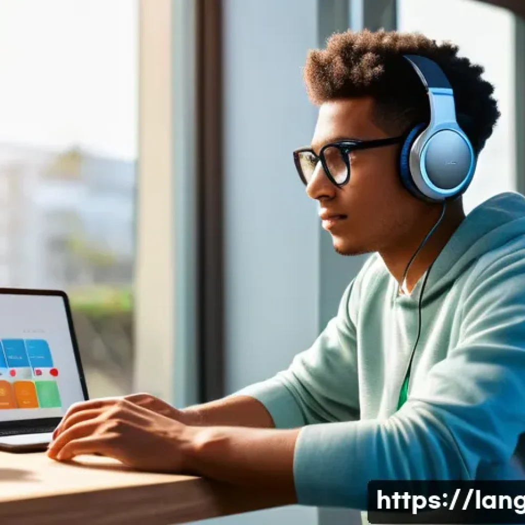 언어 교육에서의 자기주도 학습 - A focused young adult, 20s, with a diverse background, is comfortably seated at a modern desk, weari...