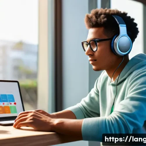 Home 13 언어 교육에서의 자기주도 학습 - A focused young adult, 20s, with a diverse background, is comfortably seated at a modern desk, weari...