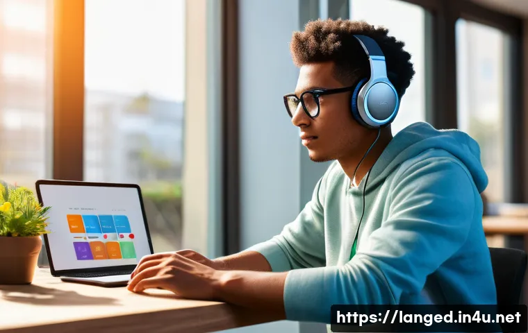 언어 교육에서의 자기주도 학습 - A focused young adult, 20s, with a diverse background, is comfortably seated at a modern desk, weari...