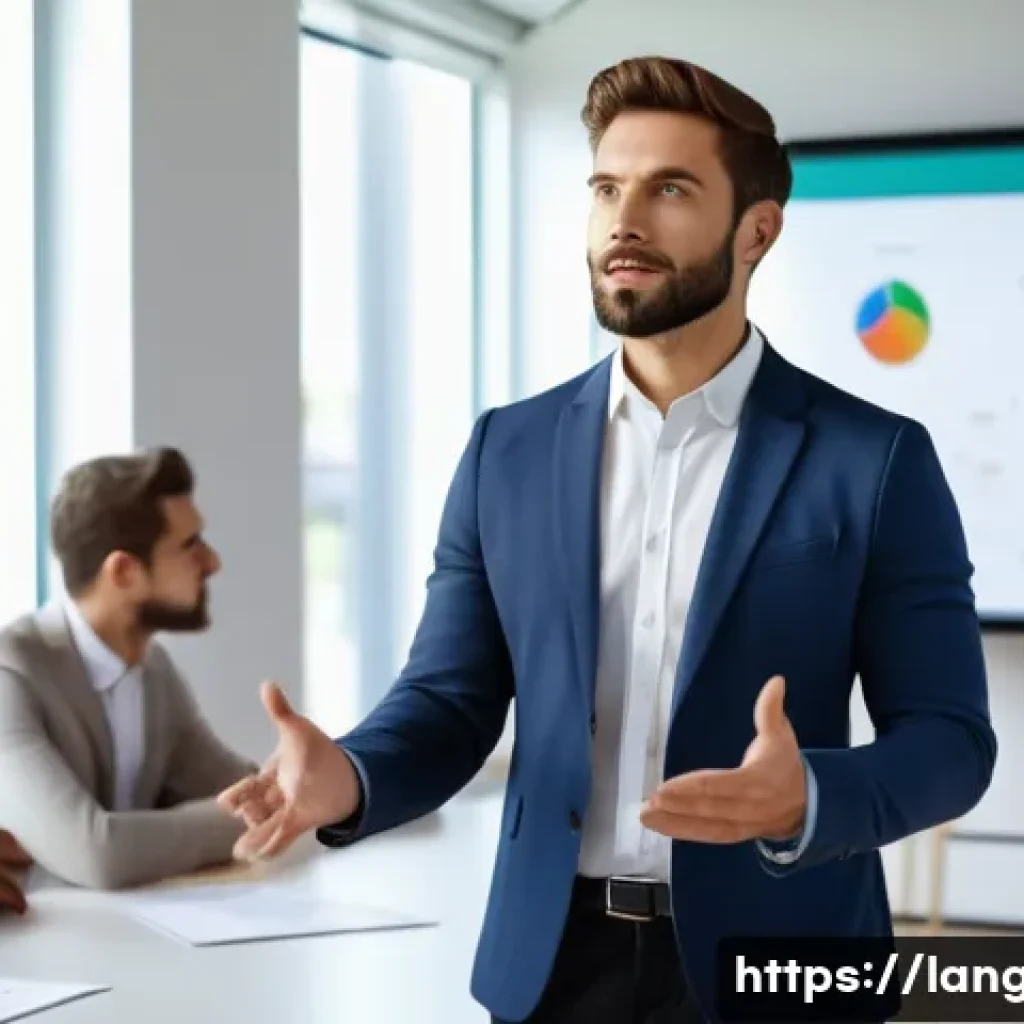 언어 교육에서의 프리젠테이션 기술 - A confident young professional giving a presentation in a modern conference room, making eye contact...