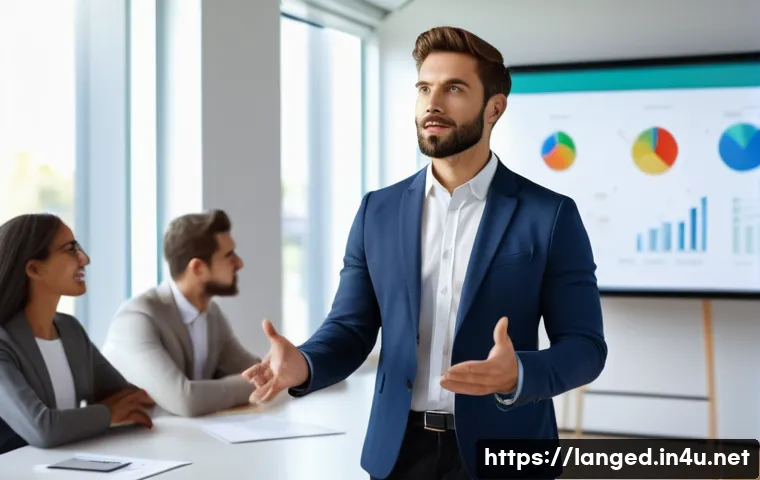 언어 교육에서의 프리젠테이션 기술 - A confident young professional giving a presentation in a modern conference room, making eye contact...