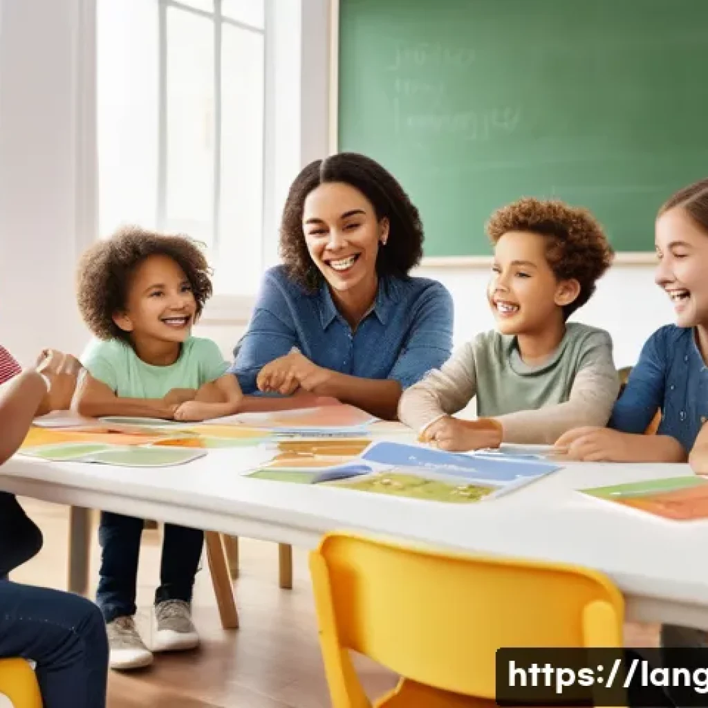 언어 교육에서의 어휘 교육 - A vibrant classroom scene with young children engaged in a playful vocabulary learning activity, fea...