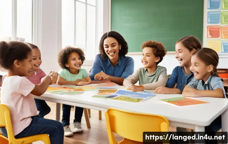 언어 교육에서의 어휘 교육 - A vibrant classroom scene with young children engaged in a playful vocabulary learning activity, fea...