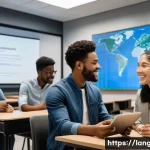 Home 22 언어 교육에서의 대학원생 연구 - A modern classroom scene showing a diverse group of graduate students engaged in interactive languag...