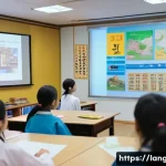 Home 21 언어 교육에서의 문화적 콘텐츠 활용 - A vibrant classroom scene where diverse language learners engage with Korean cultural media: a large...