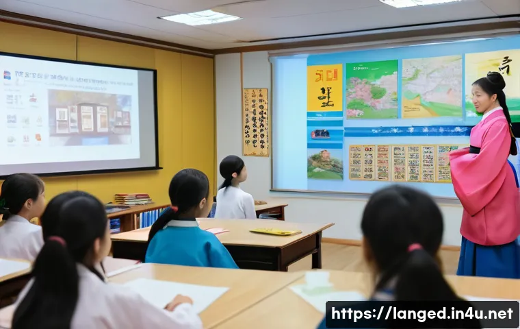 언어 교육에서의 문화적 콘텐츠 활용 - A vibrant classroom scene where diverse language learners engage with Korean cultural media: a large...