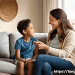 Home 20 언어 교육에서의 말하기 훈련 - A warm and inviting family living room scene where a mother and her young child are engaged in a nat...