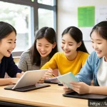 Home 19 언어 교육의 수업 설계 - A vibrant classroom scene featuring diverse students engaged in a collaborative language learning ac...