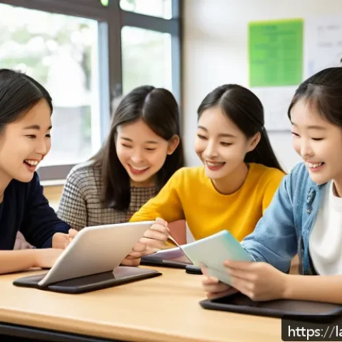 Home 31 언어 교육의 수업 설계 - A vibrant classroom scene featuring diverse students engaged in a collaborative language learning ac...