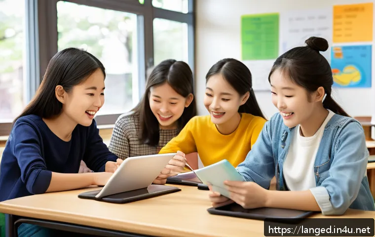 언어 교육의 수업 설계 - A vibrant classroom scene featuring diverse students engaged in a collaborative language learning ac...