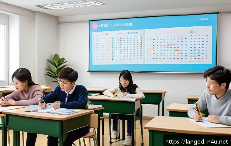 언어 교육에서의 문법적 이해도 향상 - A cozy, modern classroom scene showing diverse adult students engaged in an interactive English gram...