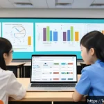 Home 23 언어 교육에서의 실시간 교육 - A modern language learning classroom scene featuring diverse students interacting with an AI-powered...