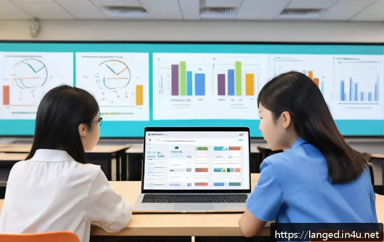 언어 교육에서의 실시간 교육 - A modern language learning classroom scene featuring diverse students interacting with an AI-powered...