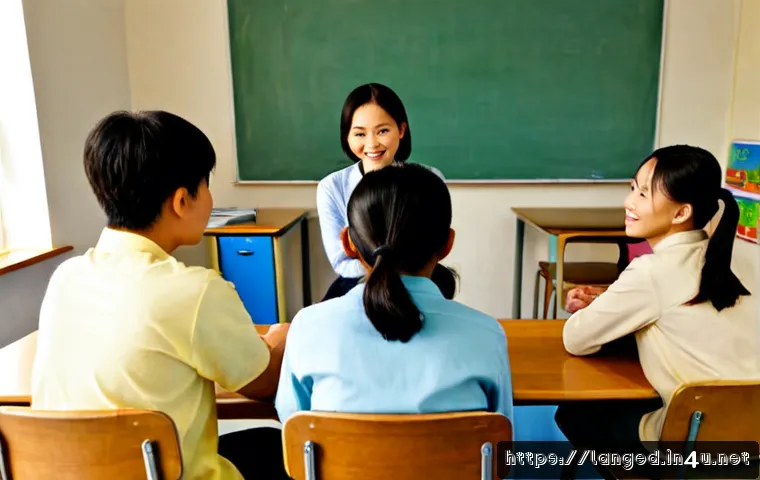 Home 17 언어 교육에서의 구술 교육 - Photorealistic language classroom focused on oral education, a friendly teacher seated in a circle w...
