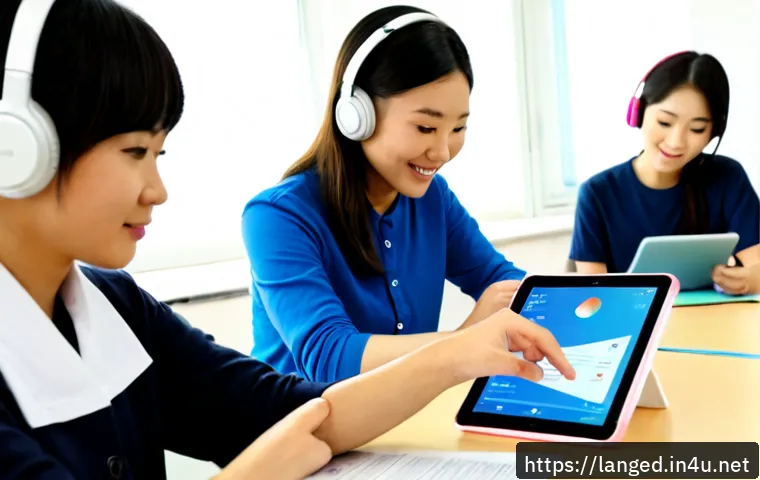 언어 교육에서의 디지털 교육 - Photorealistic modern language-learning classroom, diverse adult students wearing casual clothing an...